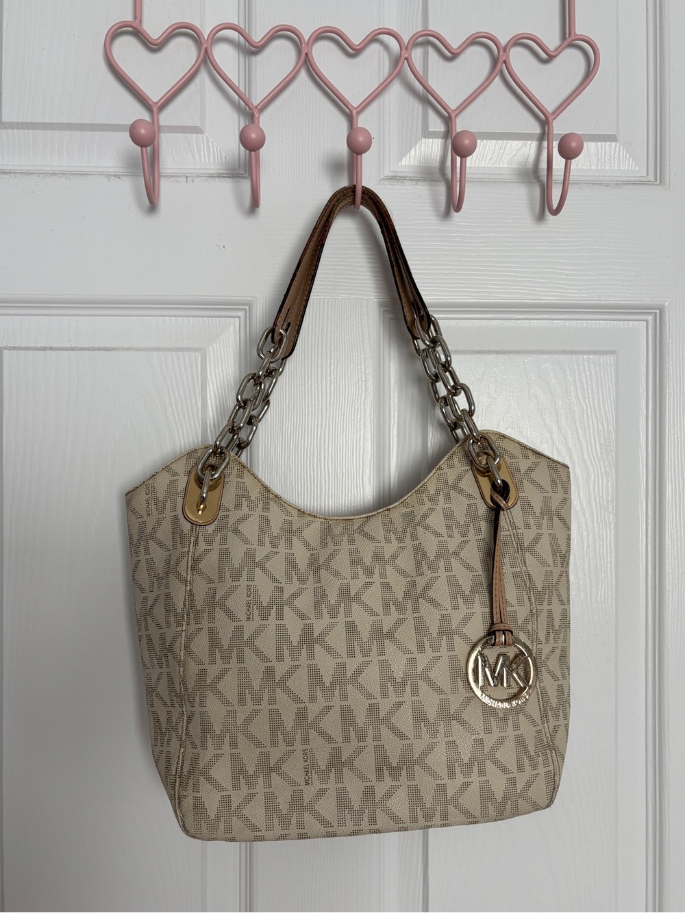 Michael Kors Beige Logo Canvas Shoulder Bag with Gold-Tone Hardware